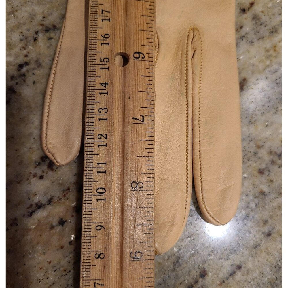 Vintage Size S Pumpkin Beige Soft Leather Formal 9" Gloves Wrist Weave Bow - Picture 13 of 15